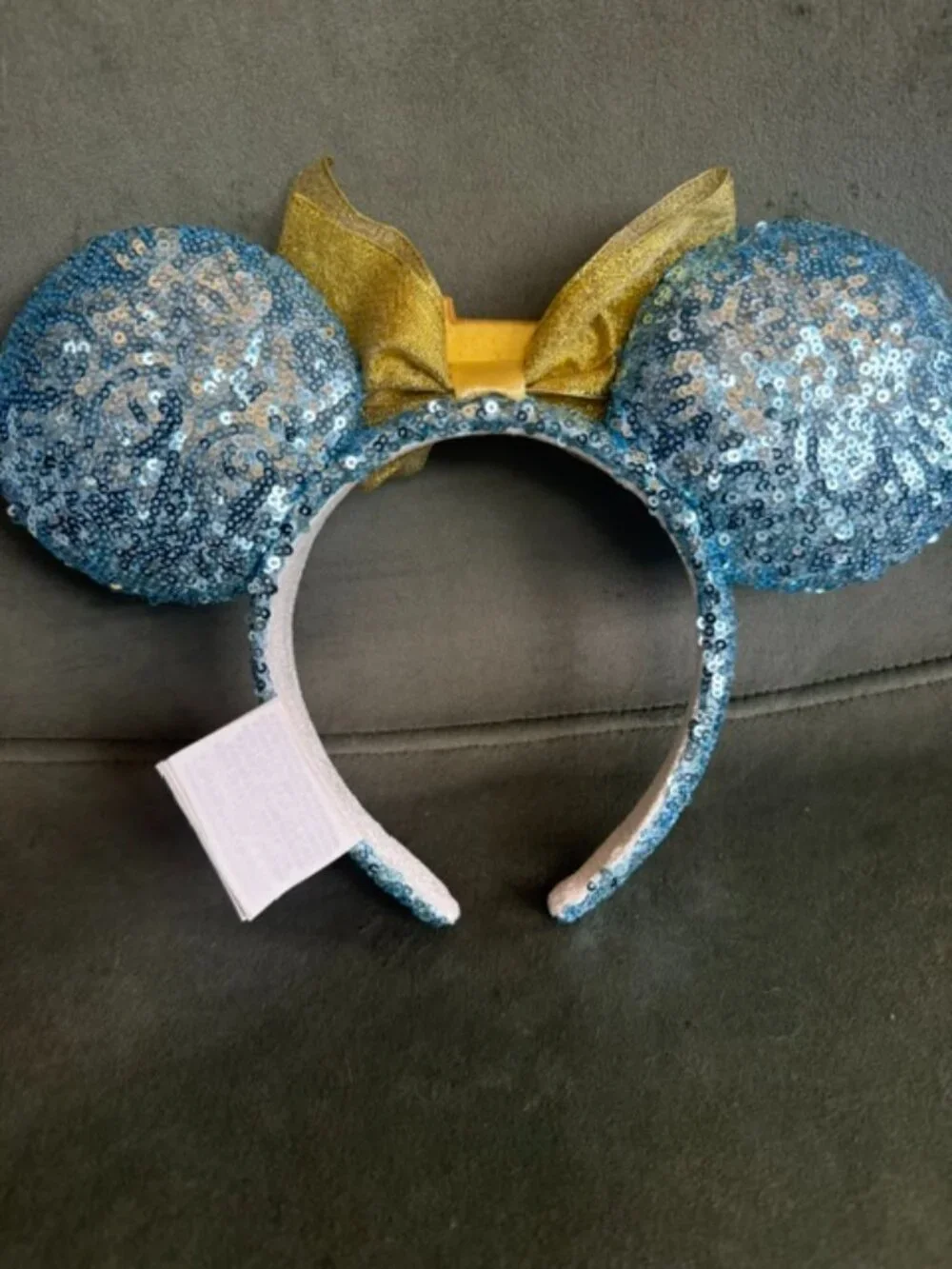 Disney Parks Disneyland Sign Minnie Ears Light Blue Sequin Gold Bow Headband